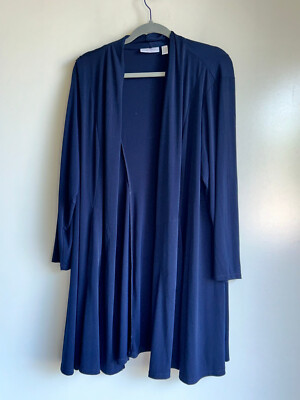 NEW SUSAN GRAVER Navy Blue Liquid Knit Duster Open Cardigan Petite Size 2XP