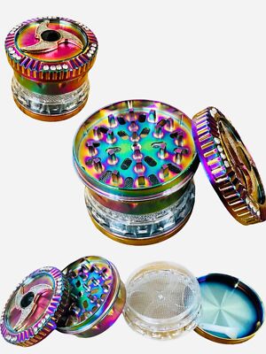 Premium Rainbow Metal Grinder 63mm 4 Part Zinc Alloy Teeth Clear Middle Part