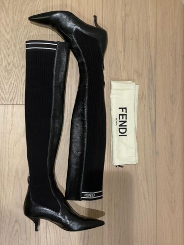 Authentic Fendi Rockoko Black Leather Over The Knee Boots Sz 38