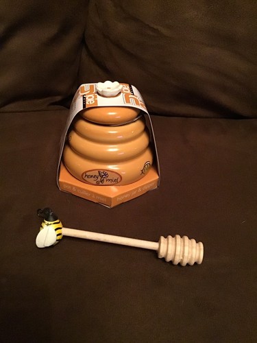 Joie Mini Honey Pot Ceramic Jar w/ Wooden Bee Dipper Brand New 3