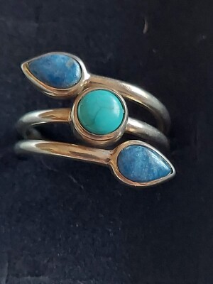VINTAGE DESIGNER SIGNED STERLING SILVER BLUE LAPIS TURQUOISE THREE BAND RING 6