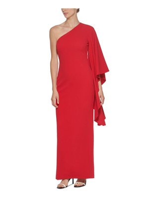 

CALVIN KLEIN Женское красное вечернее платье-футляр с одним драпированным рукавом и разрезом сзади, Красный