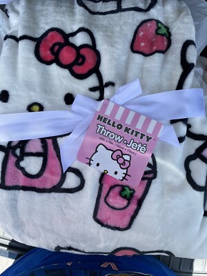 HELLO KITTY White & Pink Strawberry & Milk Drink Plush Throw Blanket 50 x 70 NWT