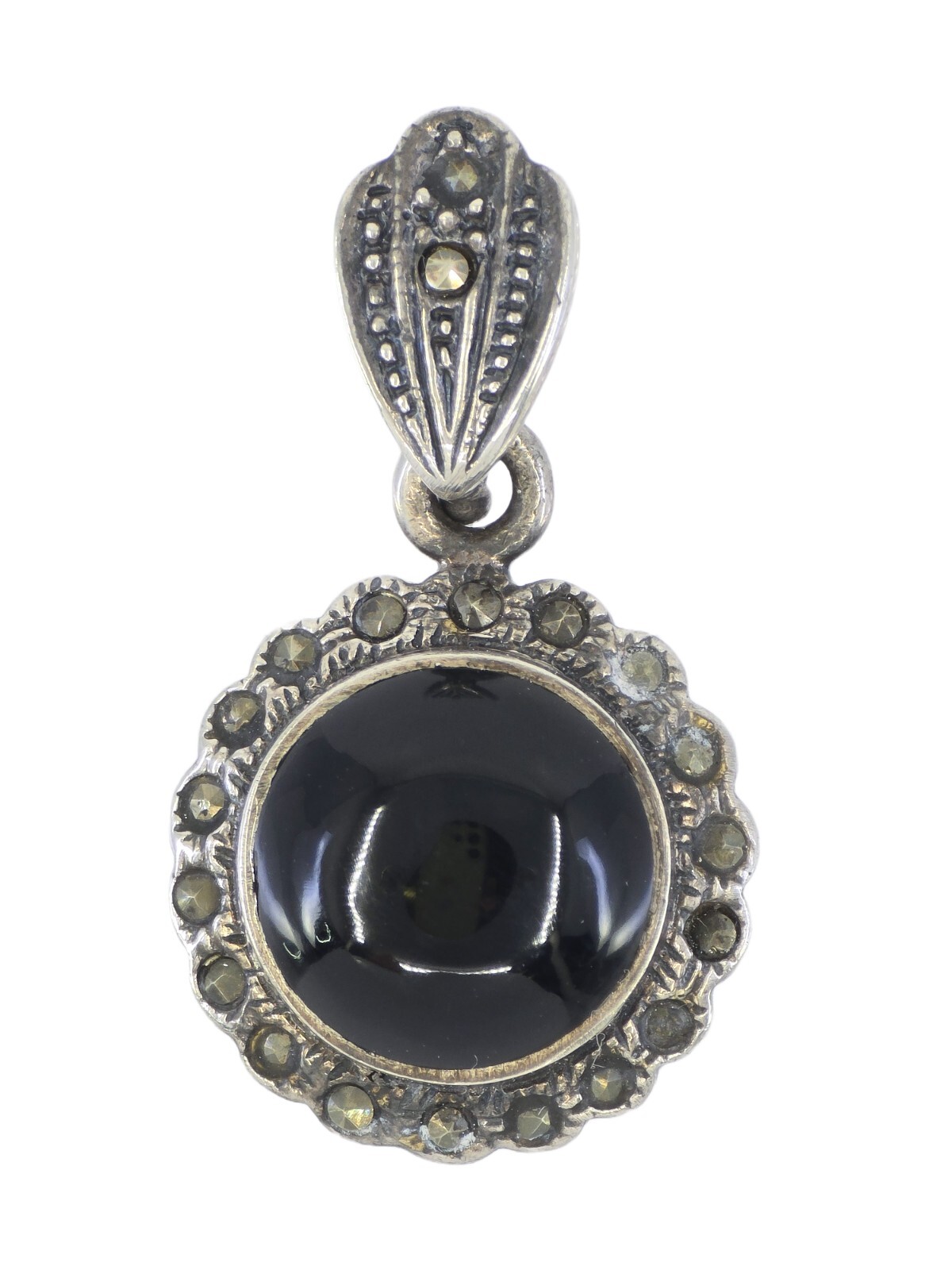VINTAGE Signed CA GENUINE ONYX & MARCASITE STONE STERLING SILVER FLORAL PENDANT