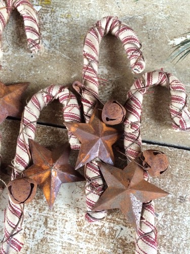 6 Primitive Rusty Wire Star Stars Bells Candy Cane Canes Fabric Farm Ornaments