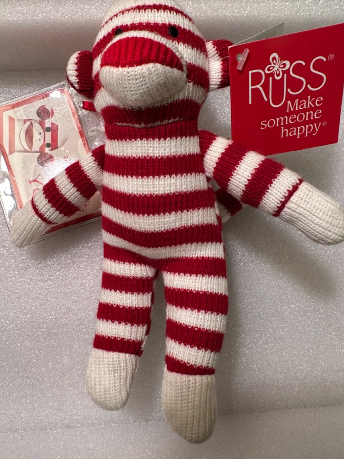 RUSS SOCK MONKEY peppermint stripes red and white  8”