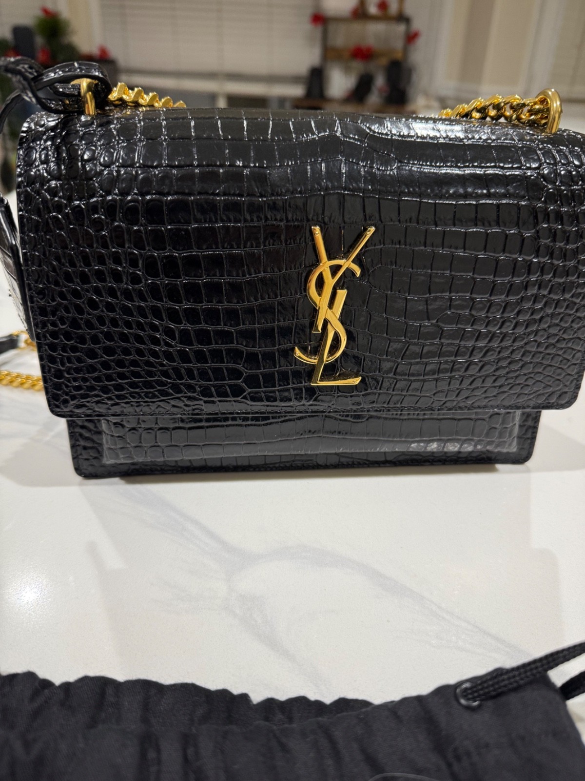 YSL Saint Laurent Sunset Black Croc-Embossed Shiny Leather Gold