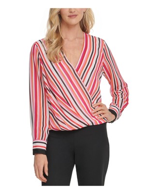 

DKNY Женский розовый полосатый топ с длинным рукавом и V-образным вырезом Размер