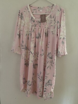 Miss Elaine Pink Floral Short Nightgown Soft Cotton/Poly 3/4 Sleeve $52 Med NWT