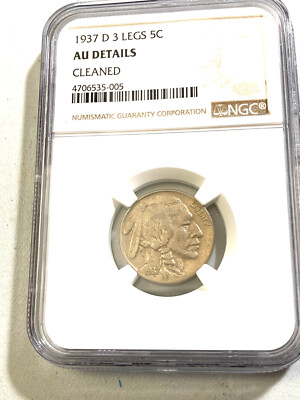 1937-D 3 LEGS 5c BUFFALO NICKEL NGC AU DETAILS CLEANED