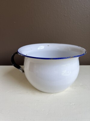 Vintage Enamelware Small Chamber/Thunder Pot White with Blue Trim and Handle