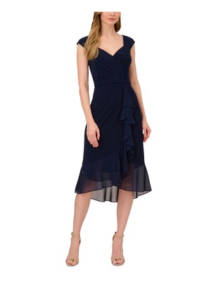 ADRIANNA PAPELL Womens Navy Cascading Ruffle Hem Lined Cap Sleeve Midi Dress 8