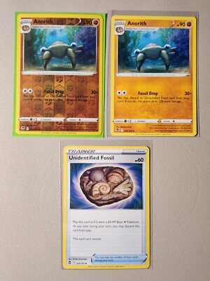 2x Anorith 095/195 (1 reverse holo) & 1x Unidentified Fossil 165/195 NM