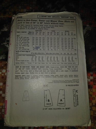 VTG Simplicity 5583 Miss 16 Waist 28 Skirt In Sub Teens/Teens ALine Cut