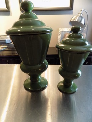 Set of 2 Green Glass Containers/Urns w/ Tops Decorative 9