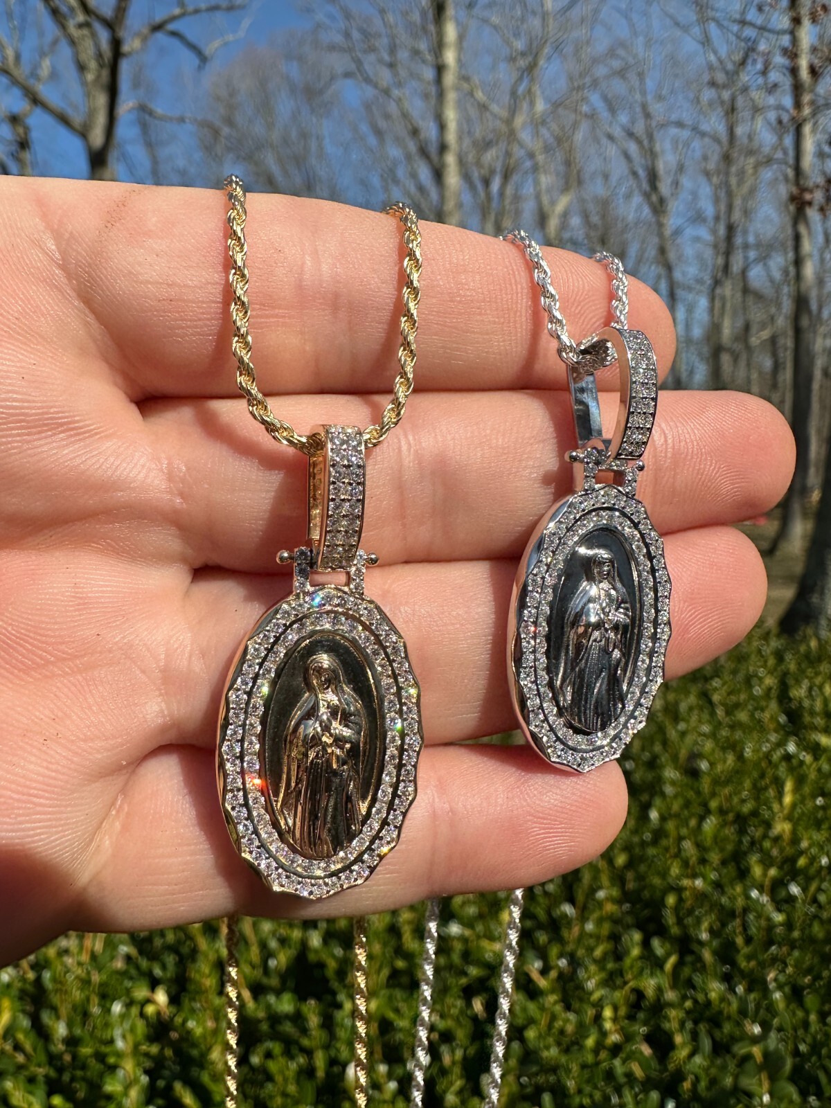 Pre-owned Harlembling 1.55ct Real Diamond Virgin Mary Pendant 925 Silver Necklace Medallion Pendant In White
