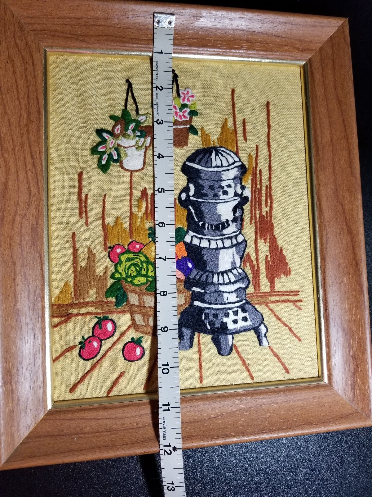 VTG FRAMED WOOD STOVE FLOWER FRUIT HAND STITCHED EMBROIDERY NEEDLEPOINT PICTURE