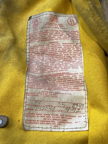 Globe Firefighter Fireman Suit Sz 38 Quilted Lined Turnout Bunker Jacket Coat J9