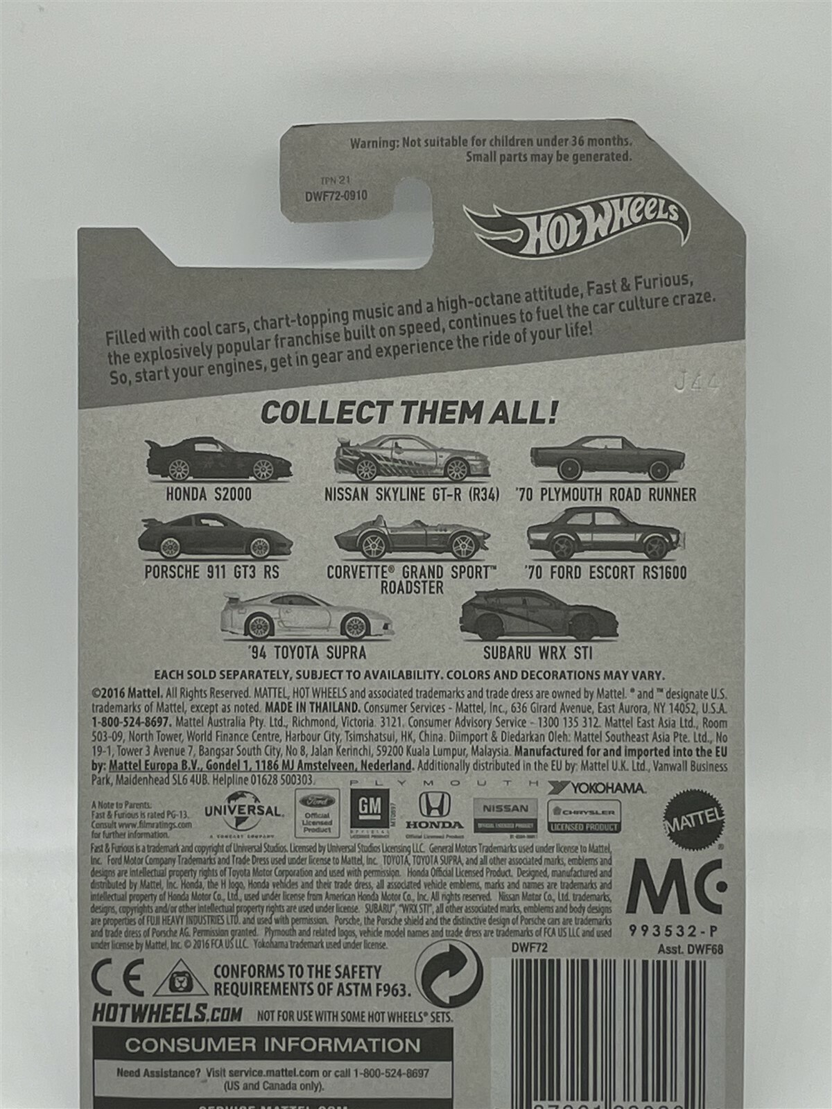 Hot Wheels 2017 Fast & the Furious LOT of 6 S2000 Porsche Corvette Escort 134568