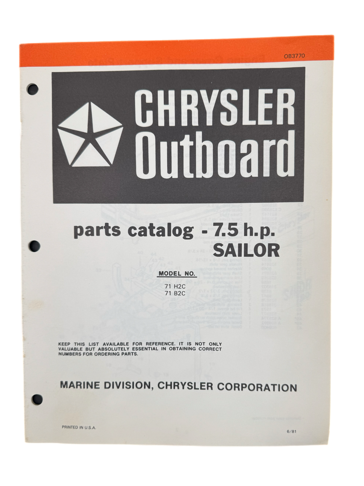 6/81 Chrysler Outboard 7.5 HP SAILOR Model 71 H2C, B2C Parts Catalog OB 3770