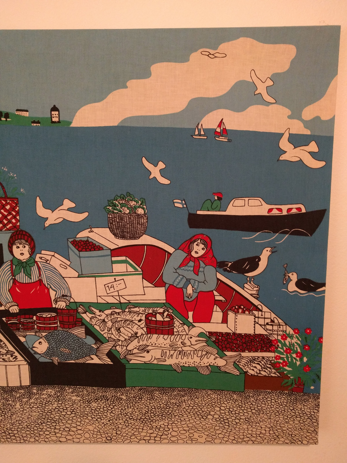 Large Vintage Mid Century Tampella Silkscreen Wall Art Fish Market 48x30 Finland