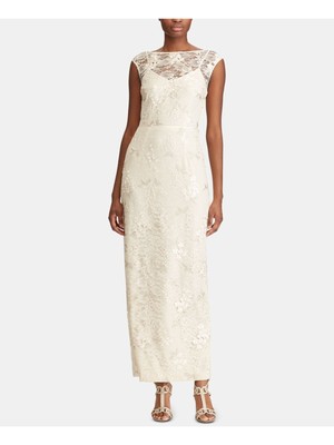 

Женское бежевое кружевное вечернее платье-футляр макси RALPH LAUREN с иллюзиями декольте, Бежевый