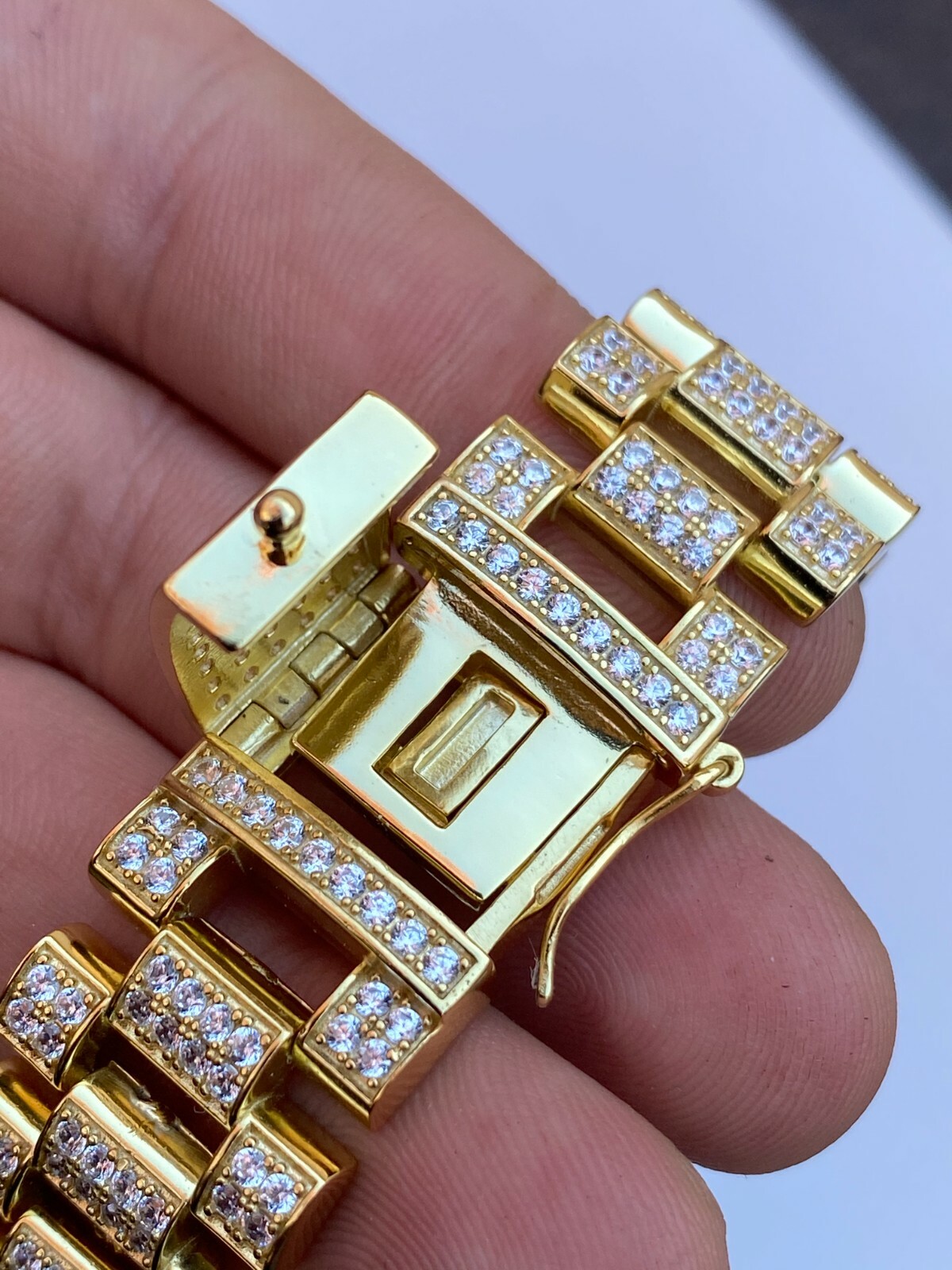 Pre-owned Silver Mens 14k Gold Plated Solid 925 Sterling  20mm Big Presidential Bracelet Cz