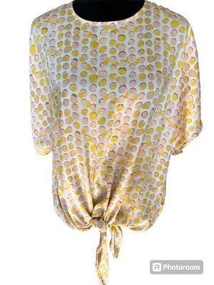 Mango Women's NWOT Large Yellow & Pink Polka Dot Dolman Tie Waist Blouse