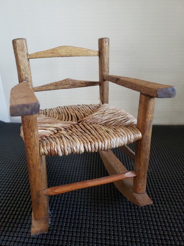 Vintage Doll Wooden Rocking Chair Rattan Weaved