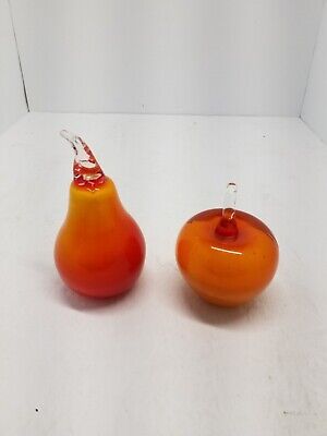 Lot 2 Vintage Art Glass Fruit  Apple and Pear Orange / Red 5.5'' unsigned