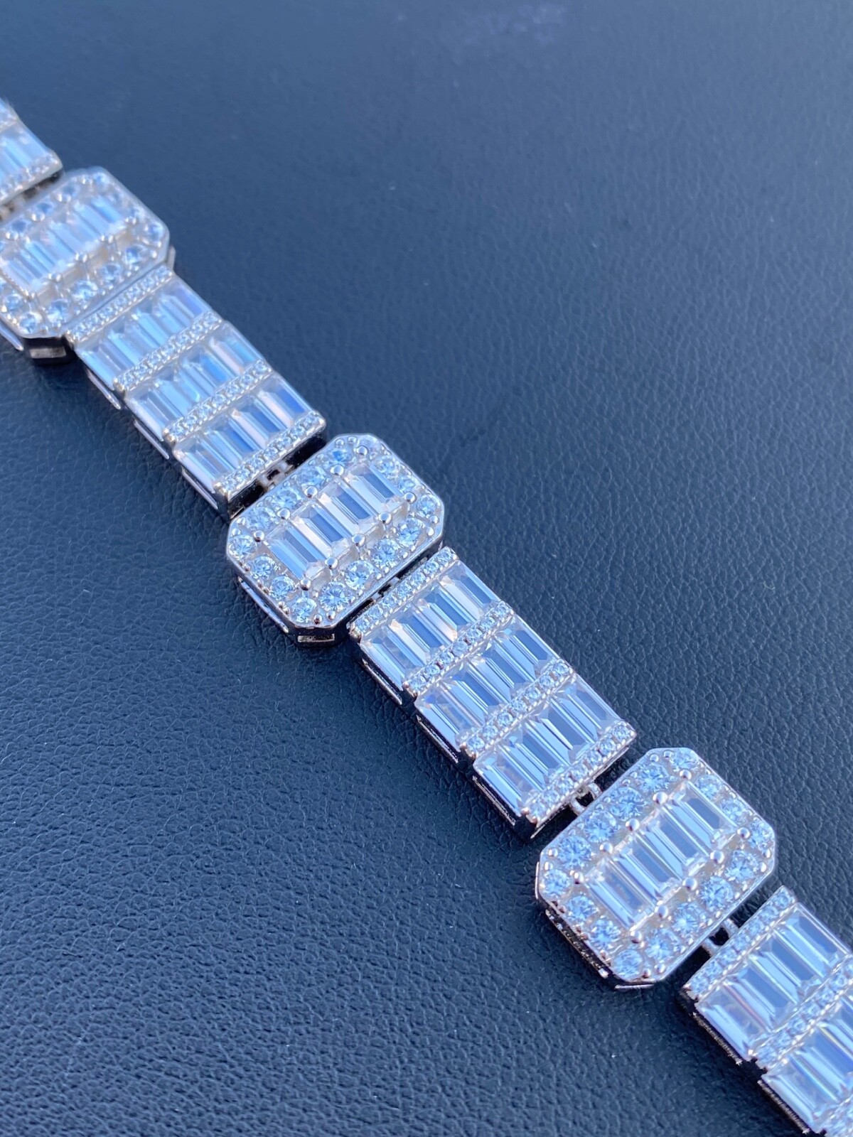 Pre-owned Silver Real 925 Sterling  Baguette Link Chain Cz 13mm Men's Necklace Bust Down