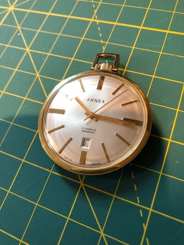 Vintage Arnex Swiss Calendar Yellow Gold Plated Pocket Watch 17