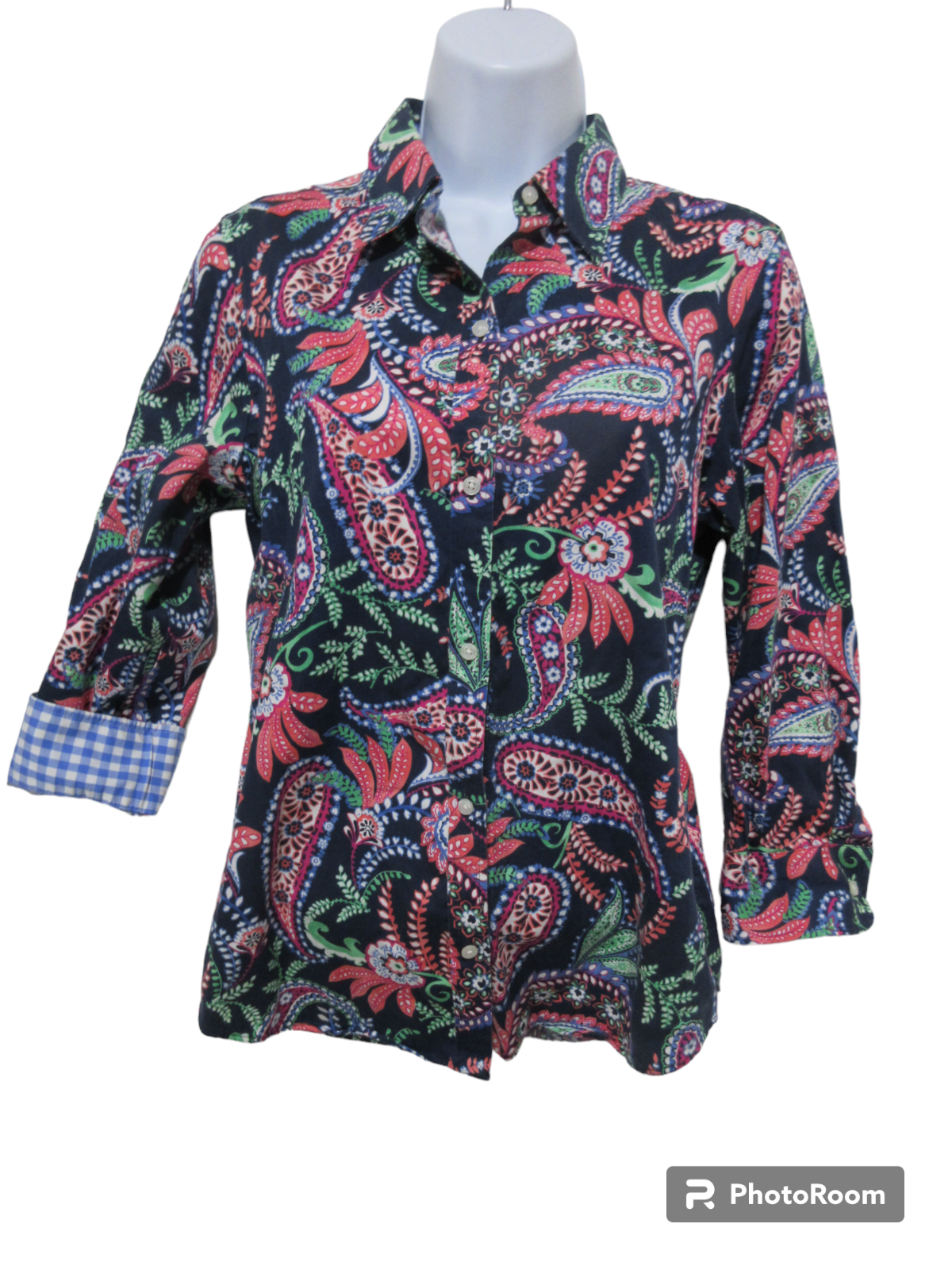 Sz M CHAPS Shirt NO IRON FLANNEL Navy Paisley 3/4 Sleeve Cotton Womens Blouse
