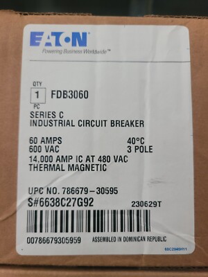 EATON IND CIRCUIT BREAKER, FDB3060, 60 A, 3 P, 480 V, TYPE FD, 14kA @ 480 V. NEW