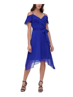 DKNY Womens Blue Handkerchief-hem Flutter Sleeve Midi Fit + Flare Dress 8