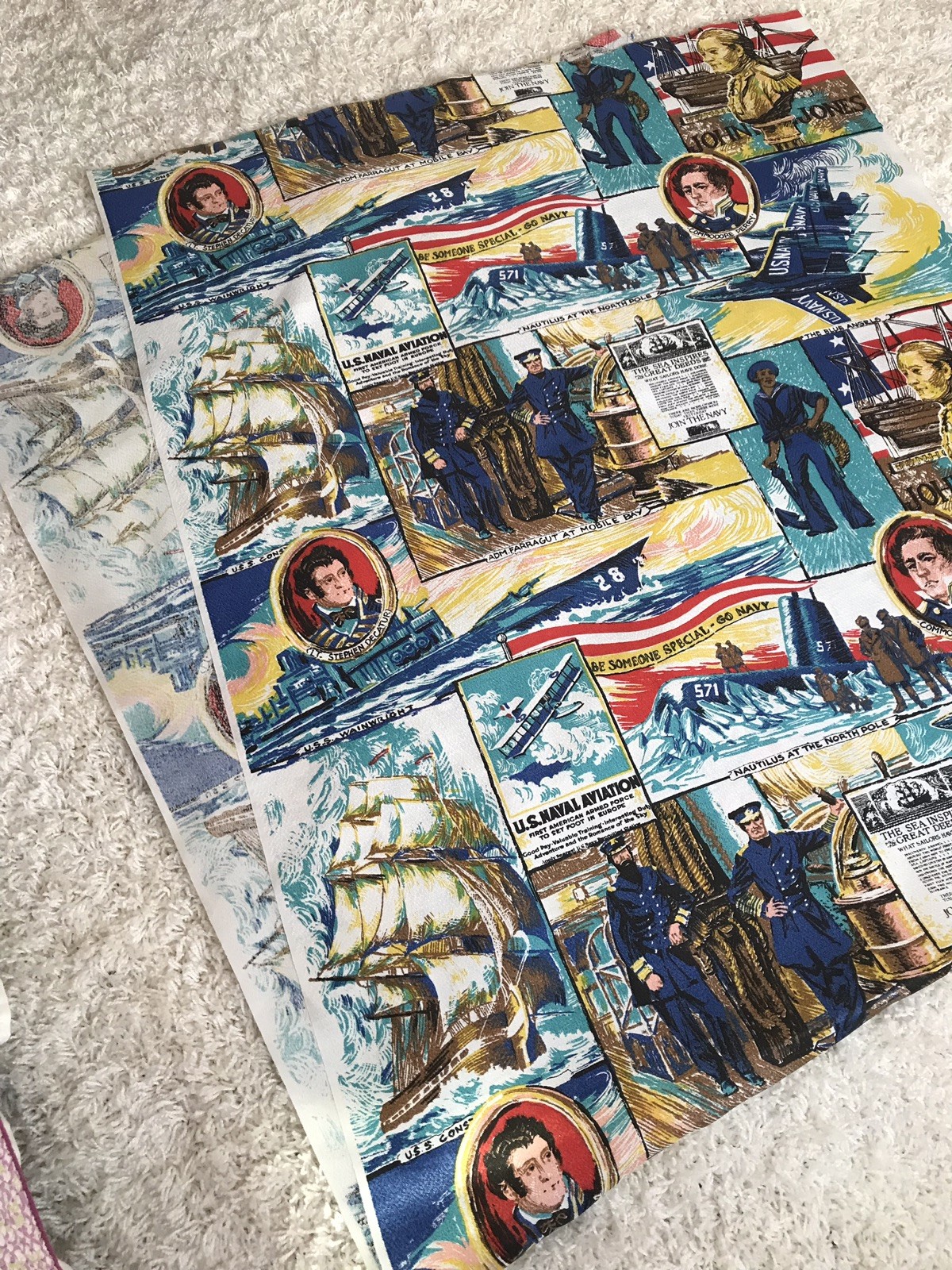 Mid Century Modern Fabric Clothe Textile Navy Ships Airplanes USA John Jones