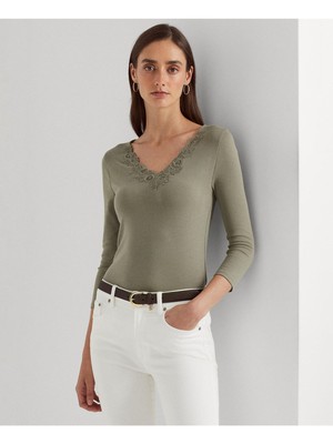 

LAUREN RALPH LAUREN Женский зеленый кружевной топ с рукавом 3/4 и V-образным вырезом