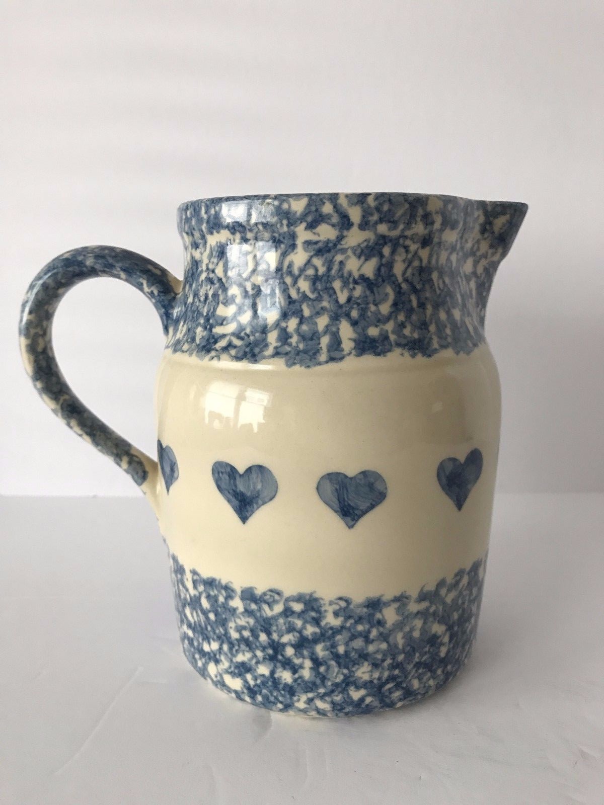 Roseville Blue Spongeware Hearts Pitcher