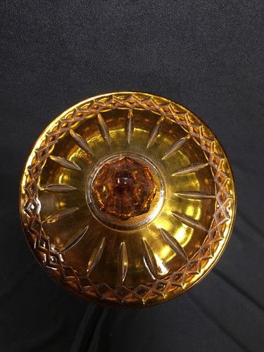 Vintage Amber Footed Candy Dish Compote With Lid Brass Marble Base Glass Prisms