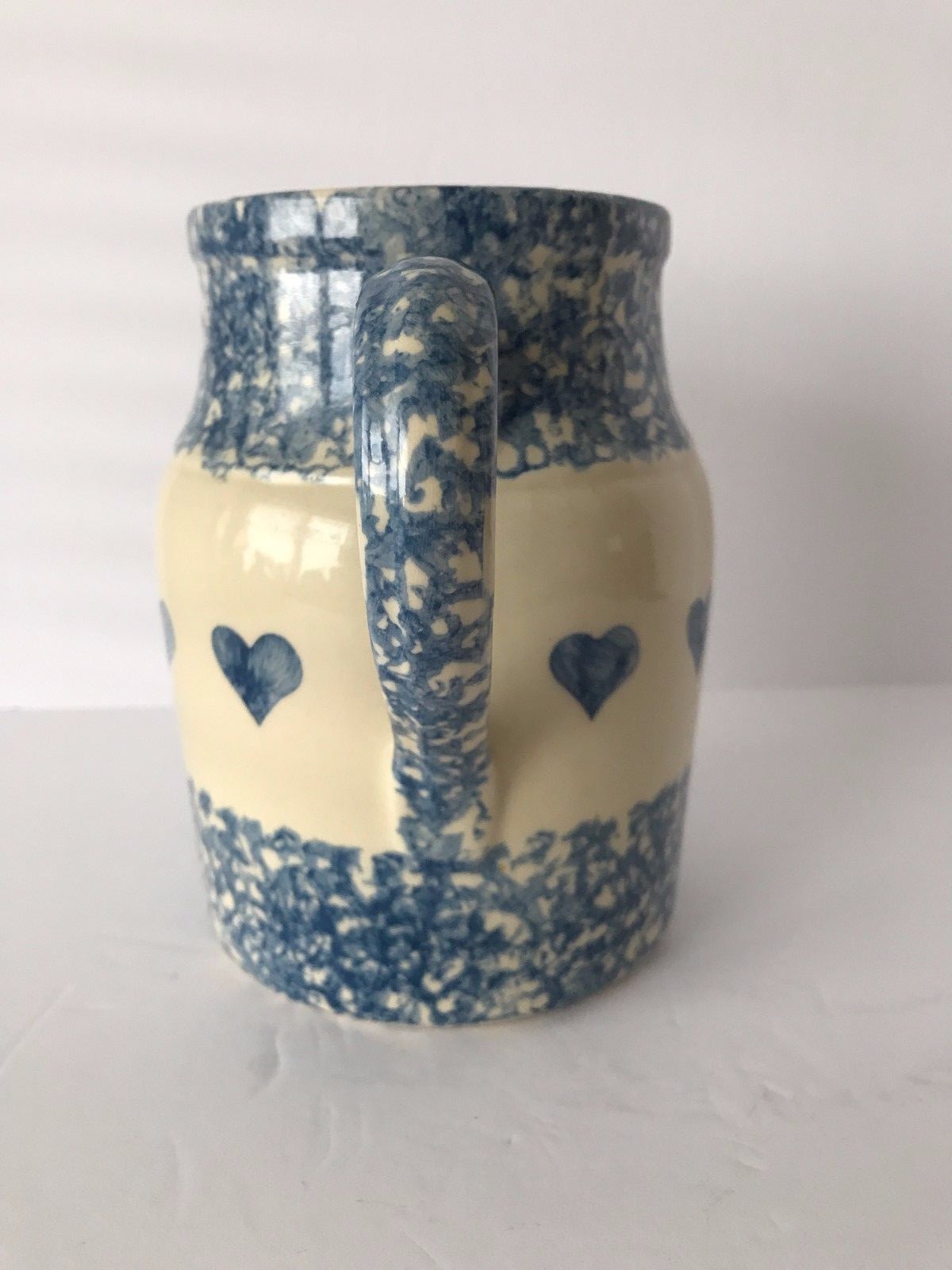 Roseville Blue Spongeware Hearts Pitcher