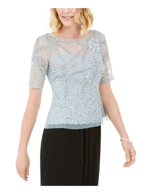 

ADRIANNA PAPELL Женский вечерний топ с короткими рукавами и иллюзионным вырезом из бисера, Light blue