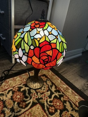 Rose Flower Genuine Stained Glass Table Lamp Antique Bronze Zinc