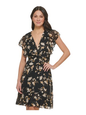 DKNY Womens Black Twist Front Flounce Hem Lined Flutter Sleeve Dress 10