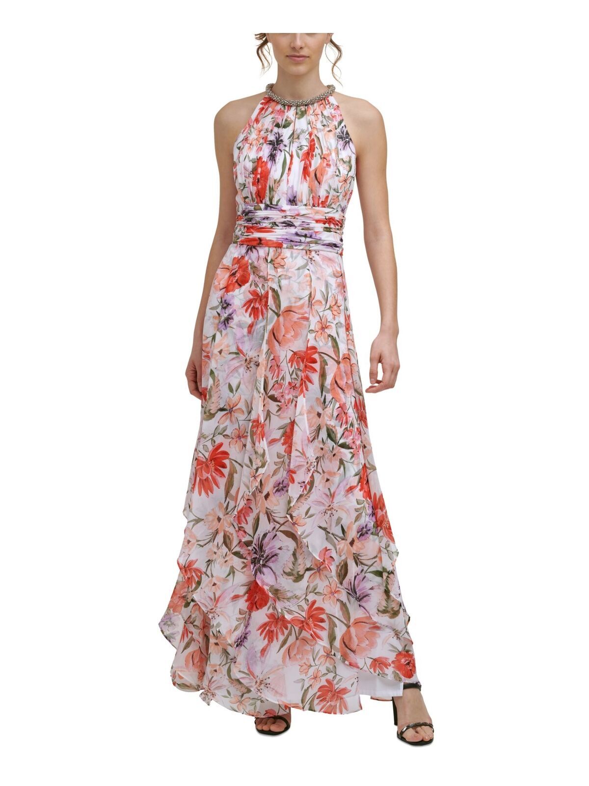 

Calvin Klein NWT Изысканное длинное платье с цветочным принтом SUNSET, размер 2,,,8,10, Red pink multi