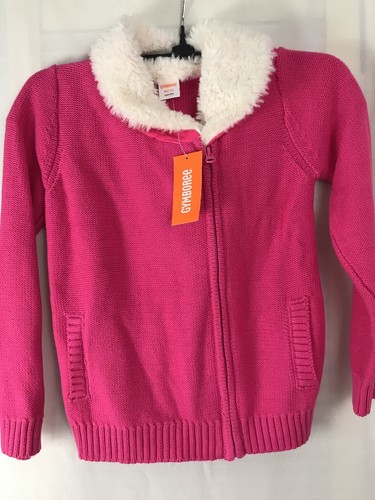 Gymboree Sweater Girls Size 7-8 Pink Zip Up Faux white Fur Hot Pink Gift