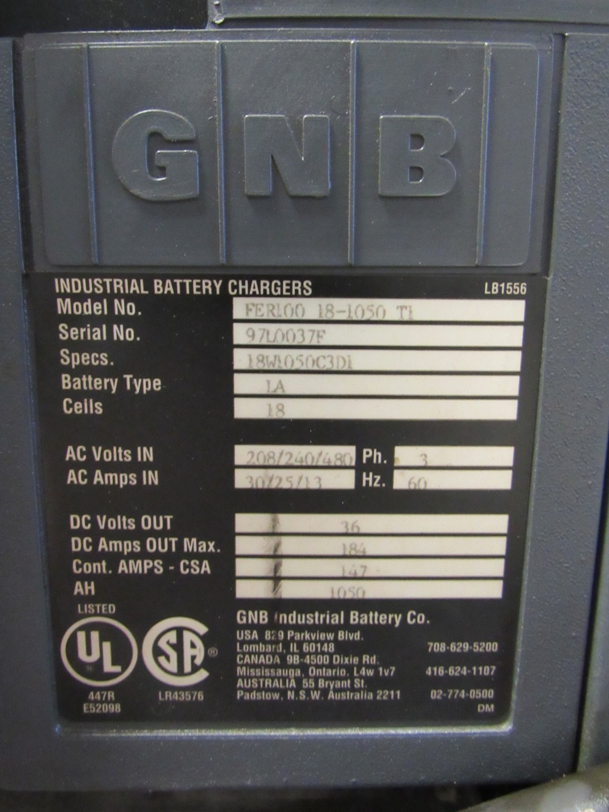 GNB INDUSTRIAL BATTERY CHARGER, FER100 18-1050, 208/240/480 3 PH.