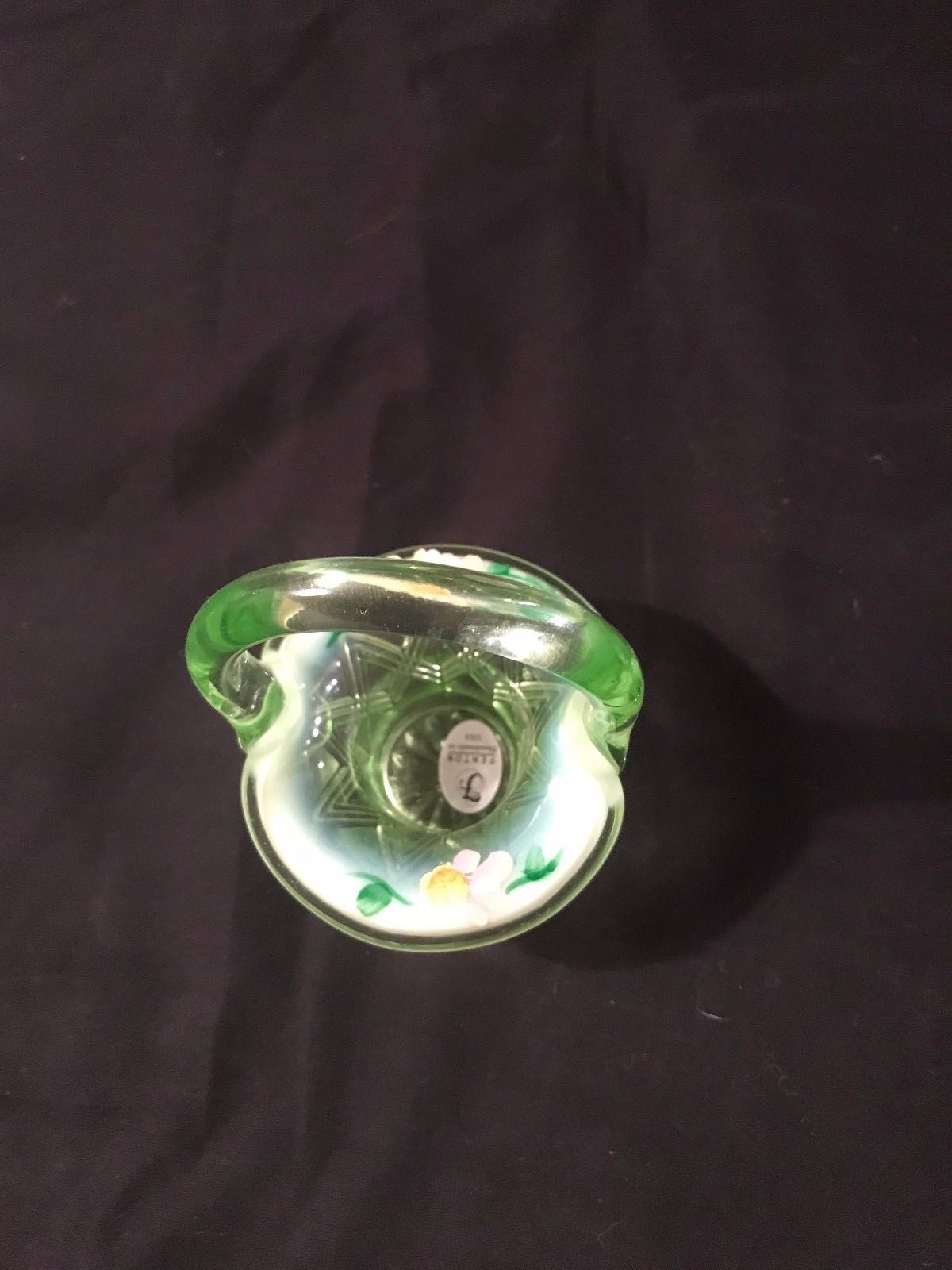 Fenton Vaseline Glass Artist Signed Hand Painted Small Basket