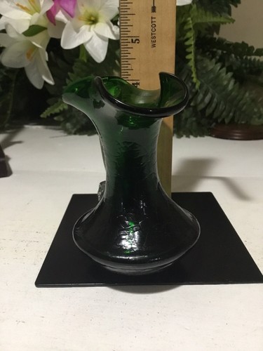 Vintage Art Glass Forest Green Crackle Pitcher 4.4” Tall Clear Handle Hand Blown