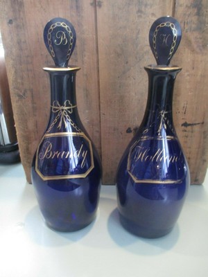 Georgian Bristol Cobalt Glass Blown Gilt Decanter Set tantalus c1795 bottles