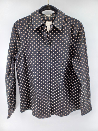 Chicos Shirt Womens 0 Black/Beige Button-Down No Iron 100% Cotton Long Sleeve